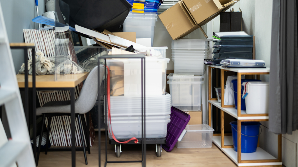 A cluttered room filled with stacked plastic bins, cardboard boxes, and household items piled on tables and shelves.
