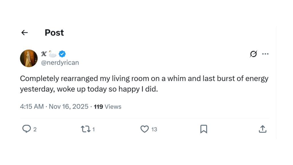 Screenshot of an X post from “K” with a swan emoji (@nerdyrican) that reads: “Completely rearranged my living room on a whim and last burst of energy yesterday, woke up today so happy I did.” No additional photo is shown.