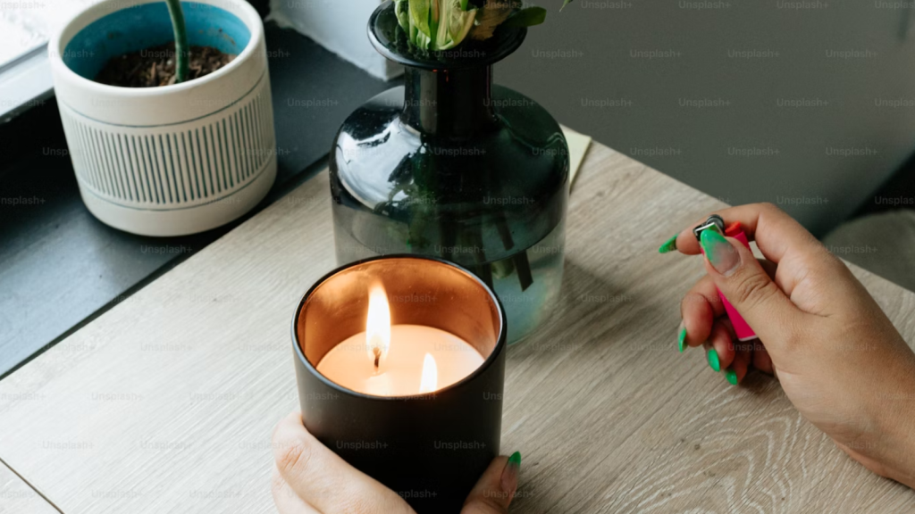 A person with green nail polish lights a candle beside a vase of flowers and a potted plant on a wooden surface.