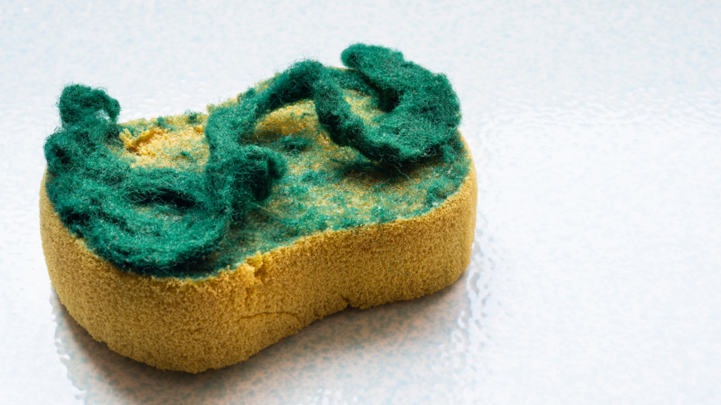 A close-up of an old kitchen sponge with frayed green scrubbing fibers on a reflective surface.