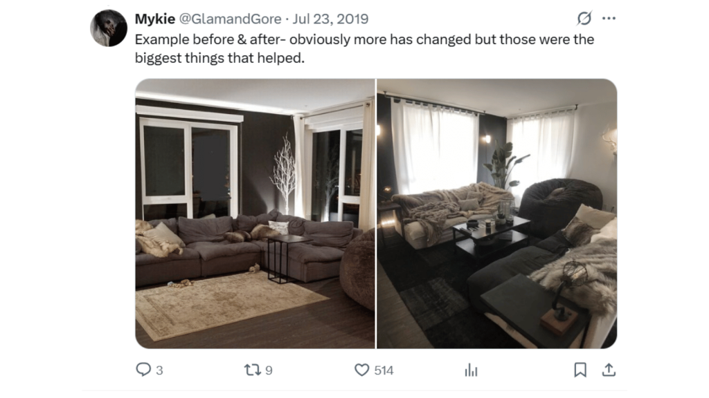 Screenshot of an X post from Mykie (@GlamandGore) reading, “Example before & after– obviously more has changed but those were the biggest things that helped.” Below are side-by-side photos of the same dark-walled living room. The “before” shows a large gray sectional sofa, beige rug, and minimal decor. The “after” shows a cozier layout with layered throws and pillows, plants, softer lighting, and a darker rug around a low black coffee table, creating a warmer, more styled space.