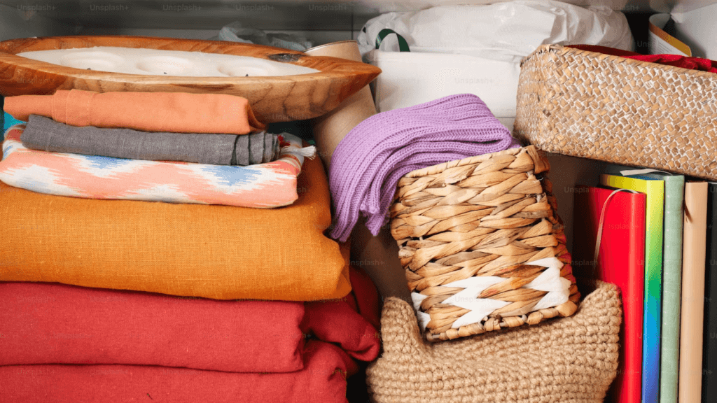 A neatly stacked assortment of colorful fabrics, woven baskets, and folded blankets arranged on a shelf.
