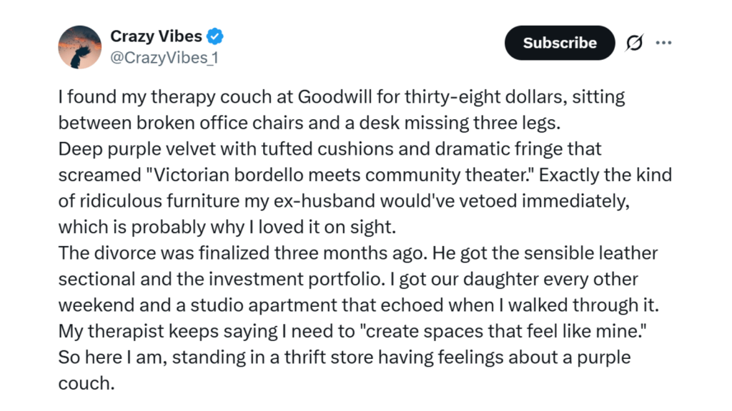 Screenshot of an X post from Crazy Vibes (@CrazyVibes_1). The writer describes finding a dramatic purple velvet “therapy couch” at Goodwill for thirty-eight dollars, noting it’s the type of furniture their ex-husband would’ve vetoed. They reflect on their recent divorce and how their therapist encouraged creating a space that feels like theirs.