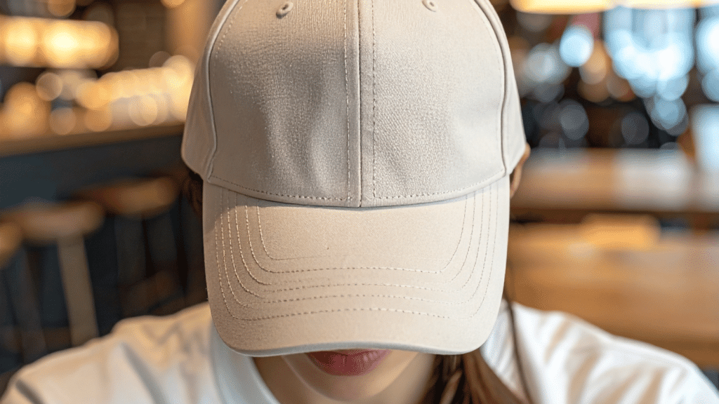A close-up of a person wearing a beige baseball cap that shades their eyes, with only the lower half of their face visible. They appear to be seated indoors in a softly lit café with blurred lights in the background.