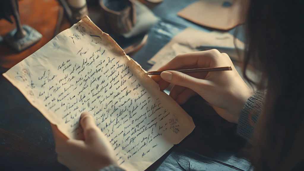 A person holds an aged handwritten letter on yellowed paper, writing or making notes with a pen. The desk beneath has scattered writing materials and a warm, nostalgic atmosphere.