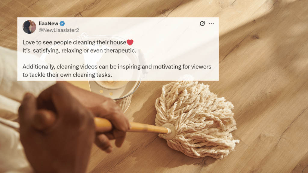 A tweet overlay on a warm-toned image of someone mopping a wooden floor with a cotton-string mop beside a beige bucket with a wringer.