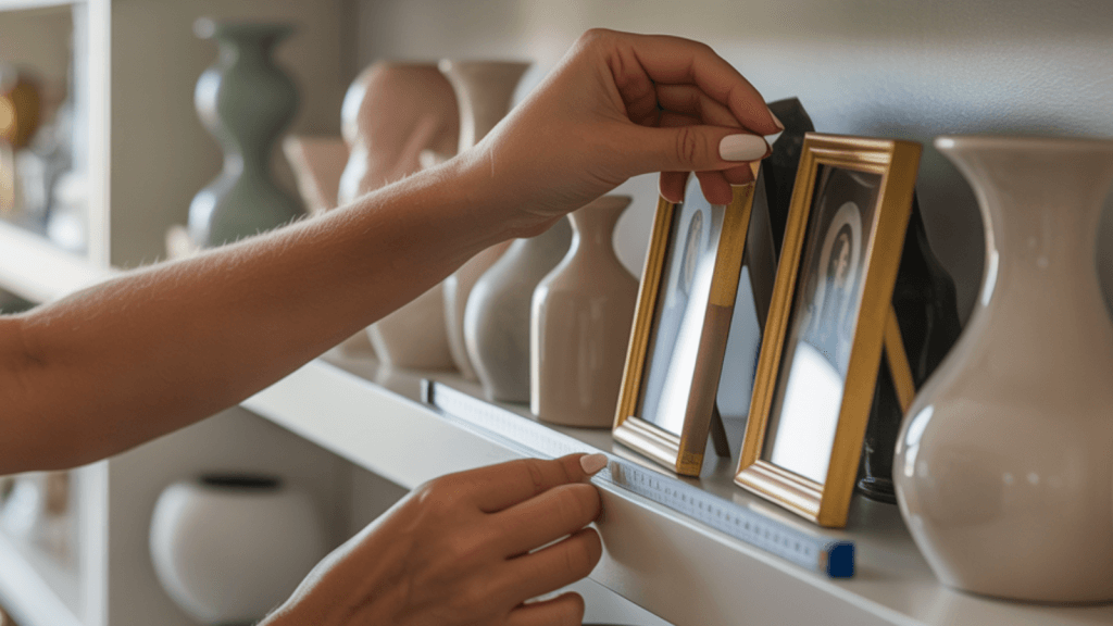 A person carefully aligning framed photos on a white shelf beside decorative vases.