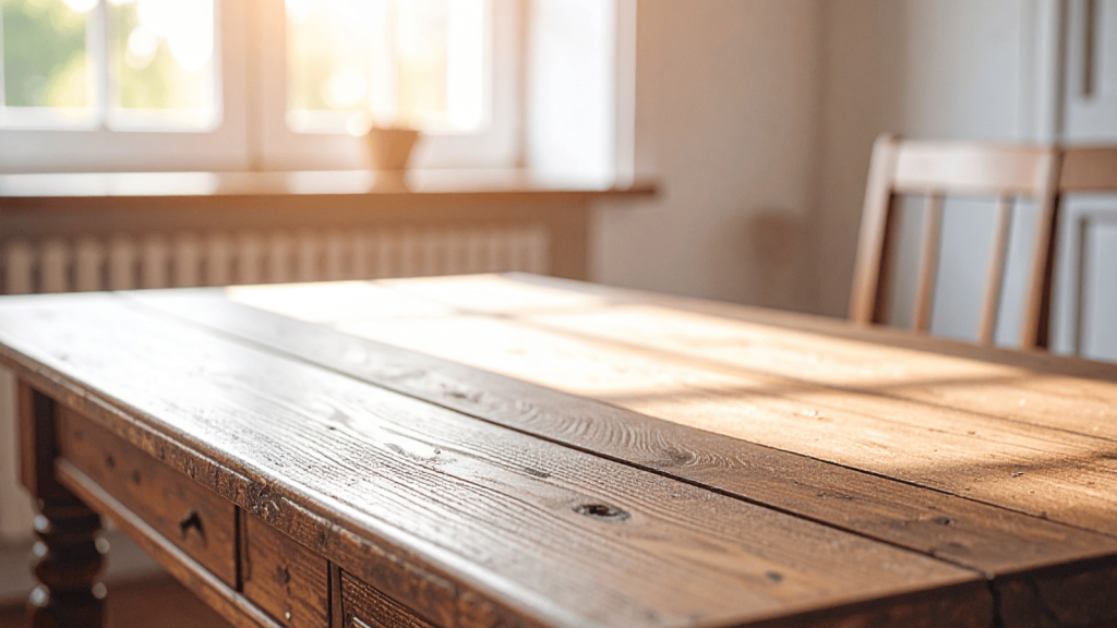 A sunlit wooden dining table with visible grain and texture, positioned near a window. Soft light casts warm highlights across the surface.