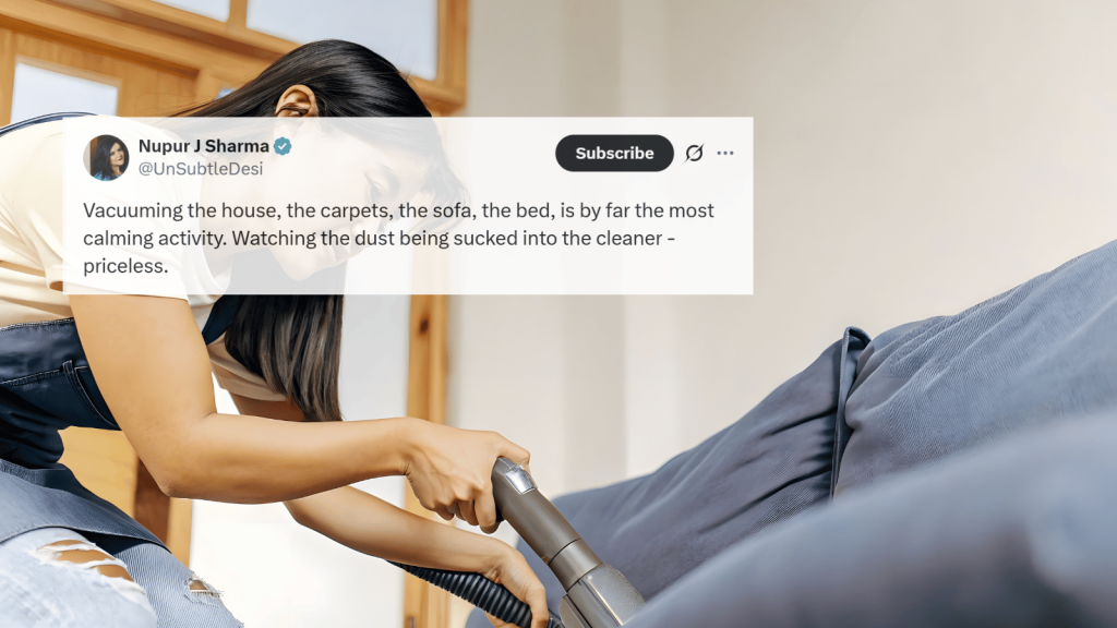 A tweet overlay sits on a photo of a person vacuuming a blue upholstered sofa, leaning forward with focus while holding the vacuum nozzle.