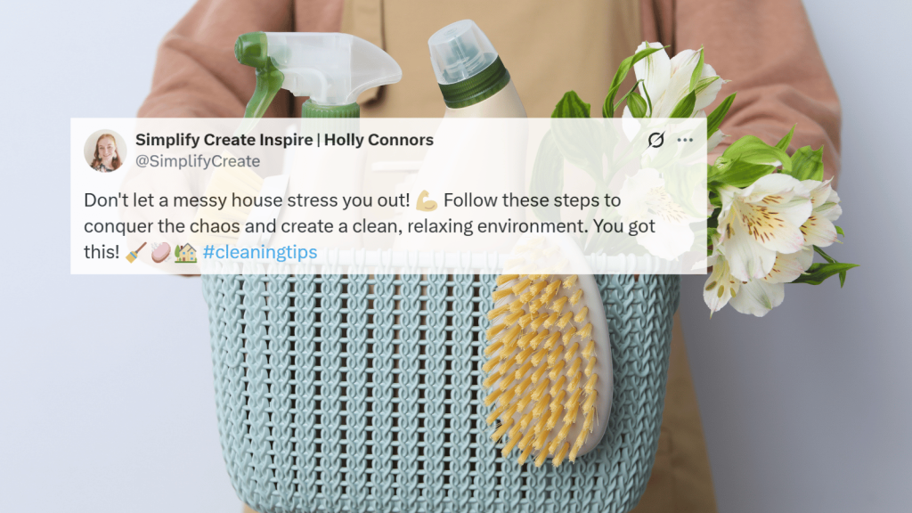 A tweet overlay appears on an image of a person holding a woven blue basket filled with cleaning supplies, including spray bottles, a scrubbing brush, and fresh white flowers.