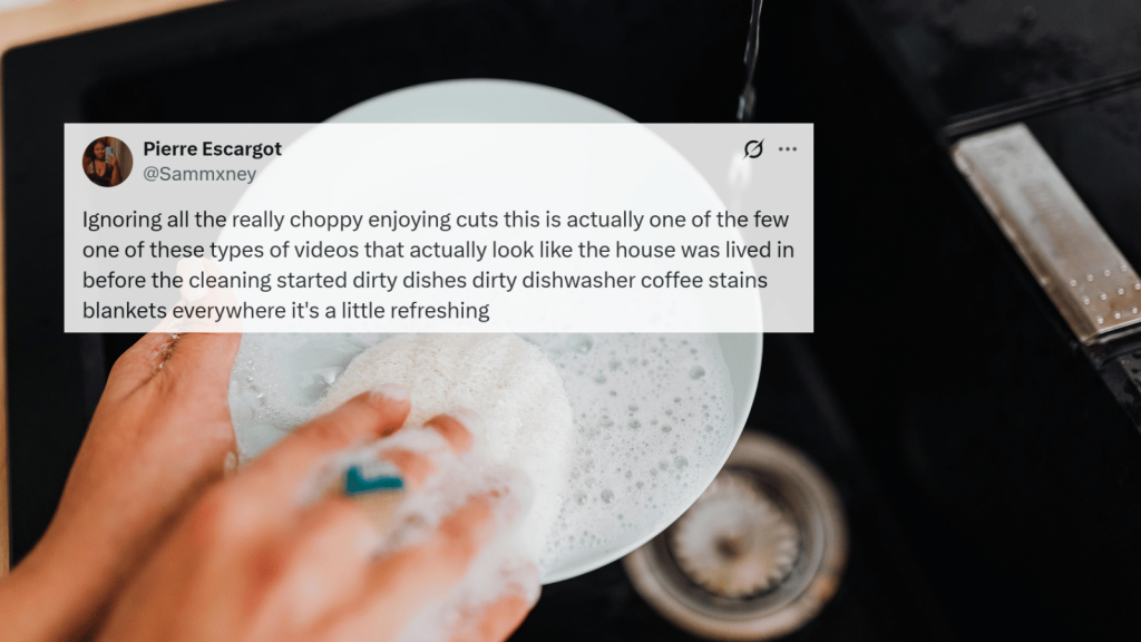 A tweet overlay appears on a photo of someone washing a white plate in a kitchen sink full of soapy water. Hands are scrubbing the plate with a sponge under running water.