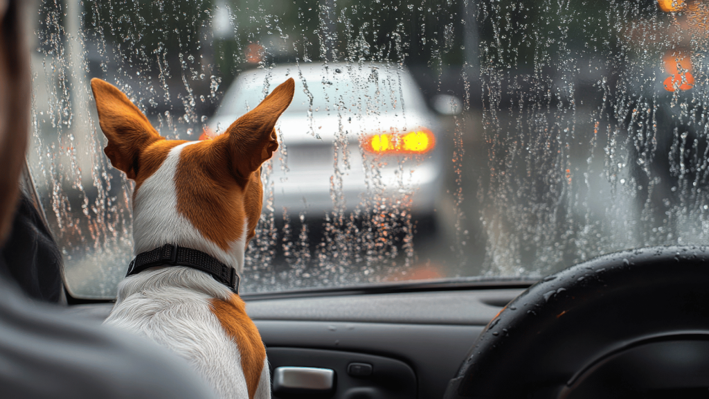 A small dog sits in the passenger seat of a car, staring through a rain-covered windshield at traffic ahead.