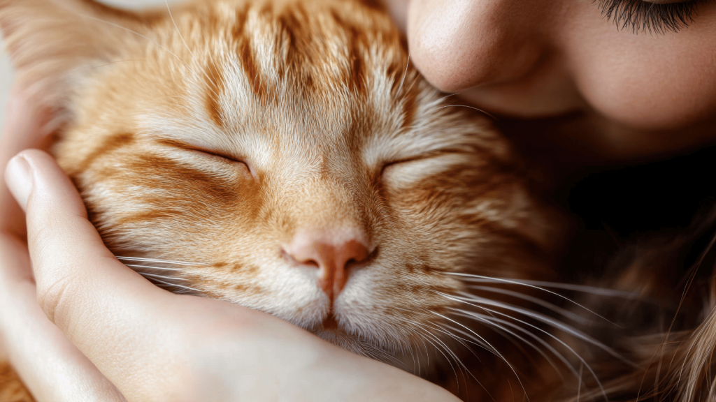 A close-up of a person’s face pressed gently against a relaxed, sleeping orange cat cradled in their hands.