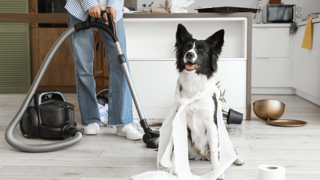 A black-and-white dog sits on the kitchen floor wrapped in toilet paper, looking pleased with itself while a person stands behind it holding a vacuum and cleaning a mess.
