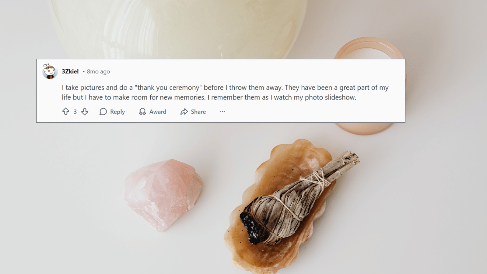 Ritual Release Rose quartz, a shell, and a sage bundle with a Reddit comment about a “thank you ceremony” before letting things go.