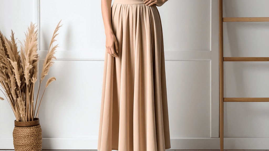 A neutral-toned fashion photograph showing the lower half of a woman wearing a long, flowing beige skirt. A woven vase filled with dried pampas grass sits to the left, and a wooden ladder leans against a white wall to the right.