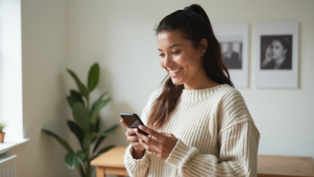 A smiling woman in a cream-colored sweater holds a smartphone with both hands inside a well-lit room. A plant is visible behind her, along with framed wall art.