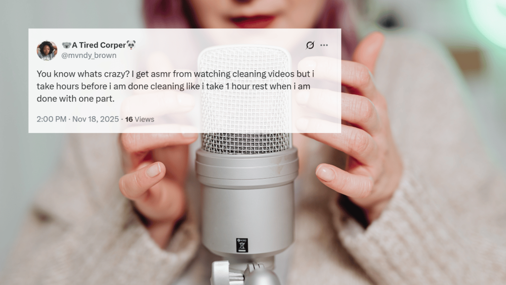 A tweet overlay sits above a close-up of a person holding a large silver microphone with both hands, suggesting an ASMR-style recording setup.