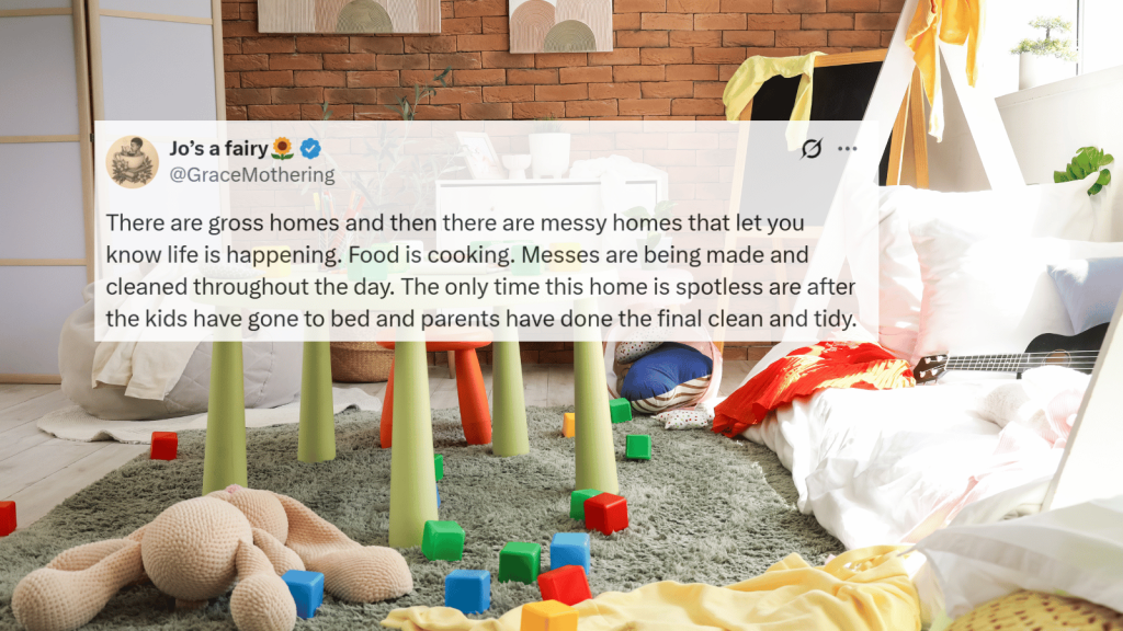 A tweet overlay on a messy children’s bedroom with toys, blocks, cushions, blankets, and clothes scattered across the floor beside a low table and unmade bed.
