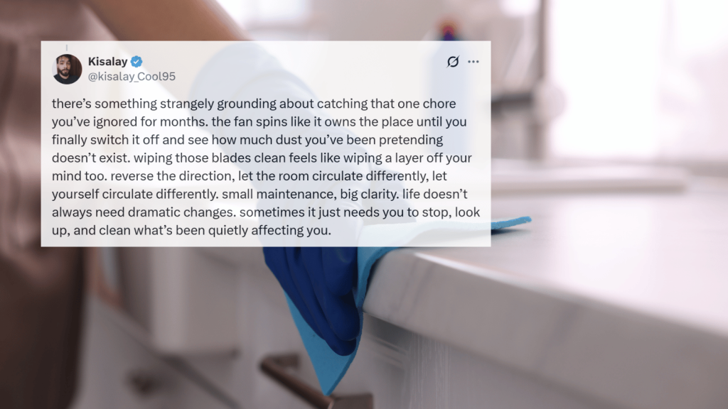 A tweet overlay appears on a close-up of a person wearing a blue glove and wiping a white countertop with a microfiber cloth.