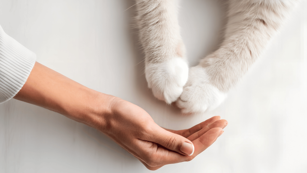 A pair of cat paws resting on a person’s outstretched hand on a smooth white surface, suggesting a quiet moment of connection.