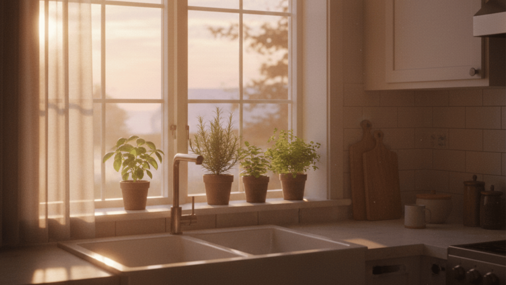 A sunlit kitchen window with potted herbs on the windowsill, warm morning light streaming across a white sink and countertop.