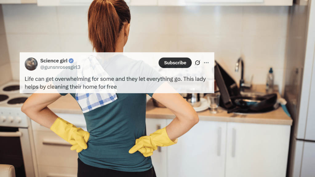 A tweet overlay on a kitchen scene showing a woman from behind with hands on hips, wearing yellow cleaning gloves and a towel over her shoulder, standing in front of a cluttered counter and dishes.