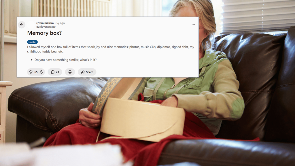 A Reddit post from user “guidovanarezzo” asking about a memory box and describing its contents, shown over an image of an older woman opening a keepsake box in her living room.