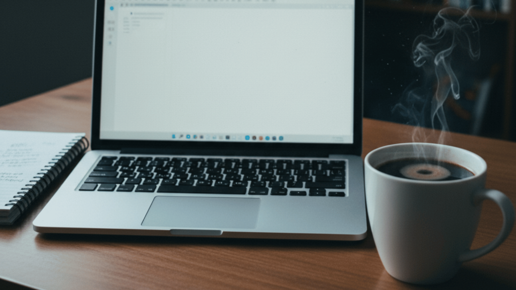 A laptop sits open on a wooden desk next to a notebook and a steaming cup of coffee. The screen shows a blank document or workspace.