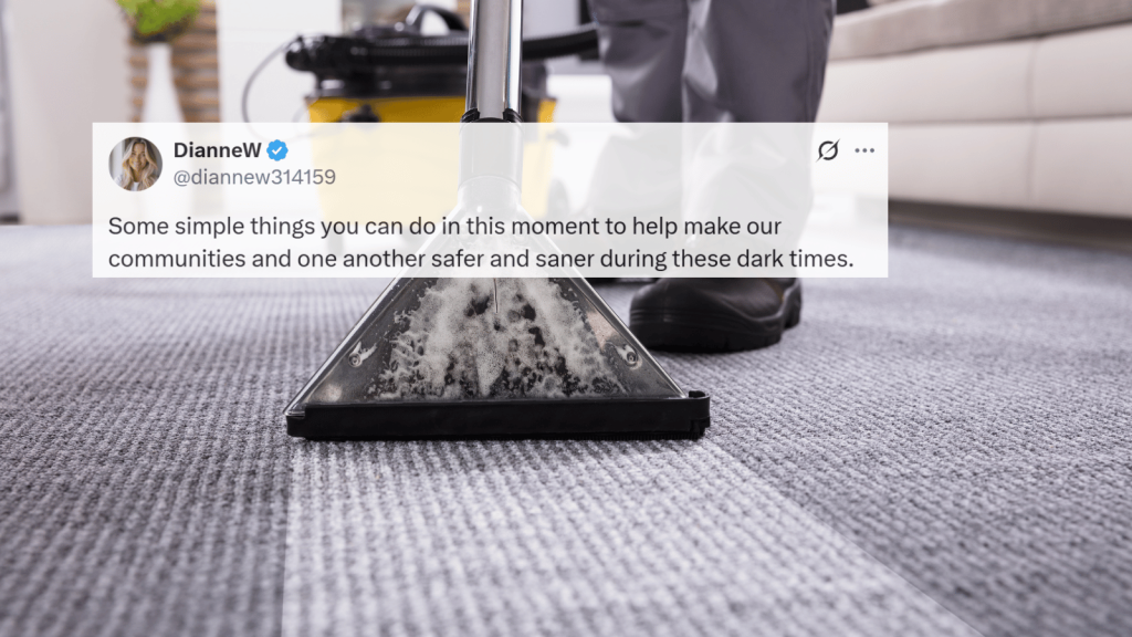 A tweet overlay appears on a close-up image of someone using a carpet-cleaning machine, pulling the soapy vacuum head across a gray carpet while wearing work shoes.