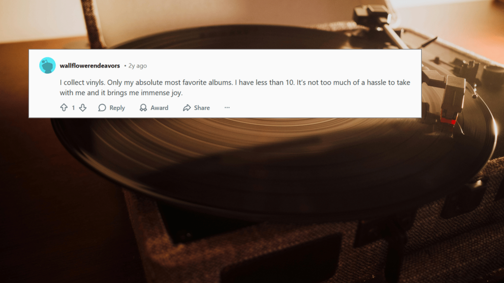A Reddit comment from user “wallflowerendeavors” about keeping fewer than ten vinyl albums, displayed over a background image of a spinning record on a turntable.