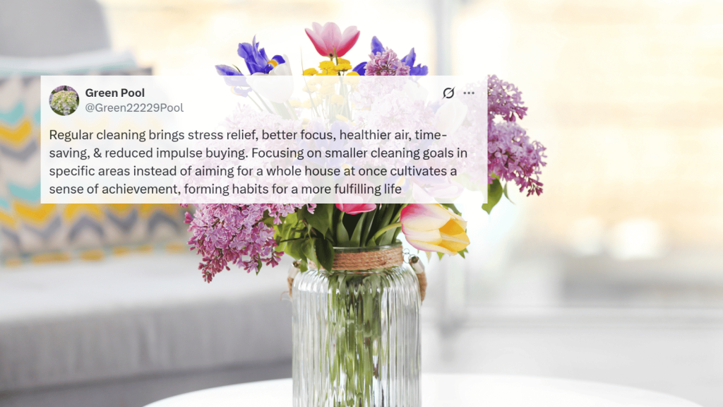 A tweet overlay on a bright image of a glass vase filled with colorful spring flowers—tulips, lilacs, and greenery—placed on a table in a softly lit room.
