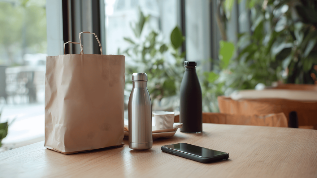 A paper lunch bag, a stainless steel bottle, a dark bottle, a small cup, and a smartphone sit on a wooden café table near a window with leafy plants in the background. The light is soft and natural.