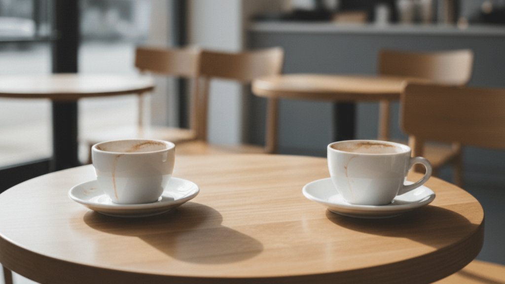 Two unfinished cups of coffee sit on a small round café table in a mostly empty, softly lit coffee shop.