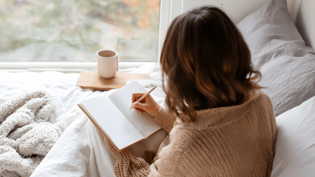 Person journaling in bed by a window with a mug nearby.