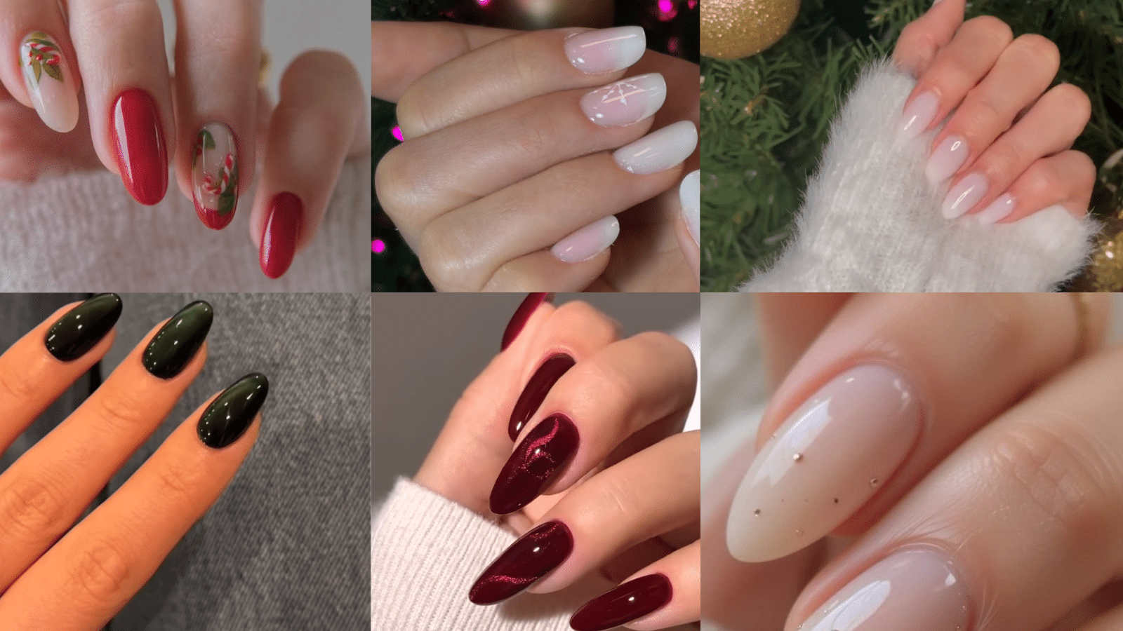A collage of six close-up old money christmas nail manicure photos arranged in two rows of three. • Top left: Almond-shaped nails in glossy red and nude; two nails have transparent bases with hand-painted mistletoe leaves and red berries. • Top center: Short to medium almond nails with a soft pink-to-white ombré finish; one nail has a delicate white geometric star line design. • Top right: Soft pink, semi-sheer almond nails with a subtle gradient, shown against a fuzzy white sweater and Christmas tree ornaments. • Bottom left: Deep, glossy black-green almond nails photographed against denim. • Bottom center: Long almond nails in dark burgundy; one accent nail features a subtle metallic red swirl design. • Bottom right: Nude-pink semi-sheer almond nails with tiny gold bead accents scattered across the surface.
