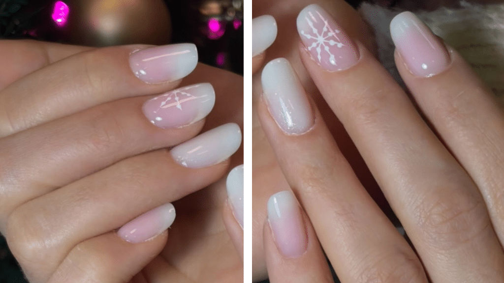 Soft baby-boomer pink-to-white ombré nails with delicate white snowflake accents. Gentle, clean, and classic, these Christmas nails embody the understated luxury of old money Christmas nails.