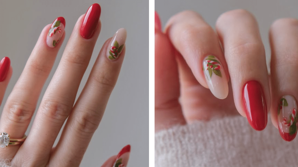 Almond nails mixing glossy red with nude accent nails featuring painted candy canes and green leaves. A polished take on festive art that stays elevated, making them both playful Christmas nails and stylish old money Christmas nails through clean detailing and minimalism.