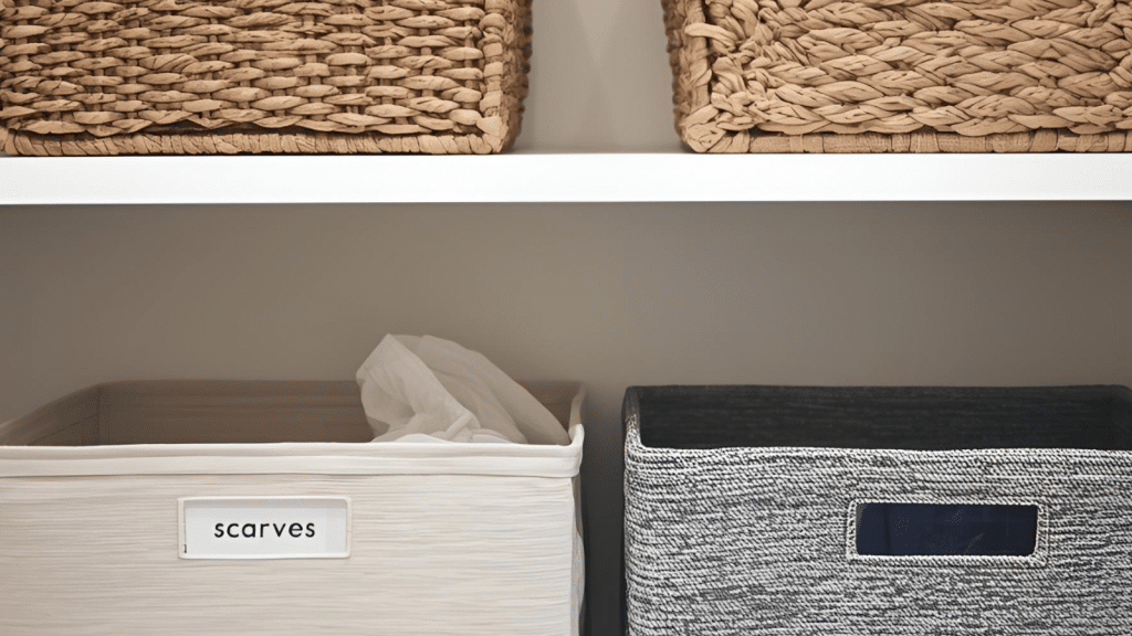 Minimal closet shelf with labeled fabric bins, demonstrating simple closet fixes for easy organization and visibility.