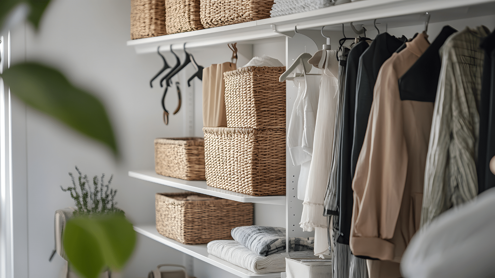 closet-organization-ideas-neutral-closet Neutral-toned closet with baskets and folded clothing, featuring simple closet fixes that create a calm, clutter-free feel.
