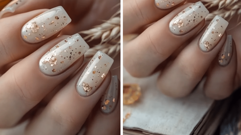 Square nude nails with holographic gold foil flakes, creating a warm, festive shimmer. The luxe gold accents evoke old money Christmas nails styling, while the subtle neutral base keeps them refined for the Christmas nails look.