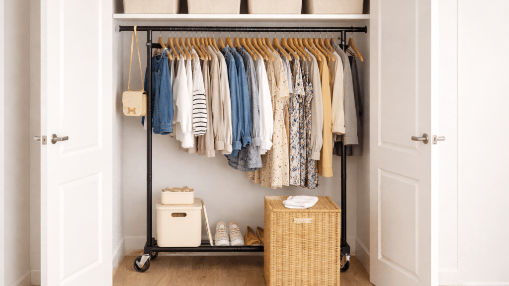 Reach-in rental closet styled with a freestanding clothing rail, neutral wardrobe pieces, and woven storage, offering flexible closet organization ideas without drilling.