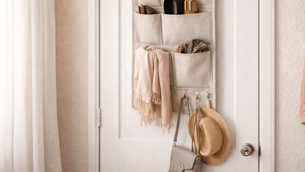 Over-the-door fabric organizer mounted on the inside of a closet door, storing scarves, belts, and accessories in a rental friendly closet setup.