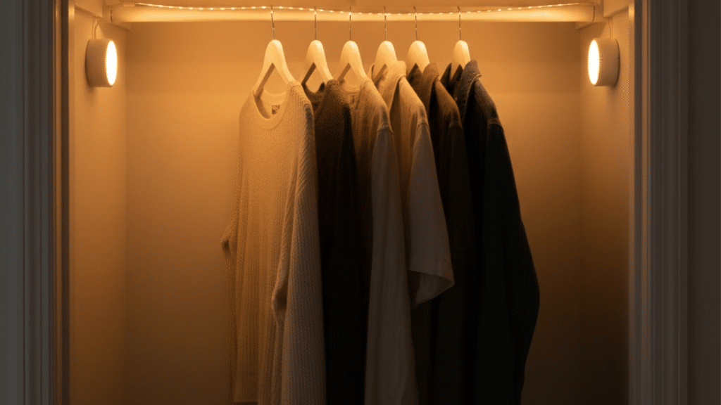 Warm LED strip lighting illuminating a rental friendly closet, creating a calm, cozy glow around hanging clothes for an easy, renter-safe closet lighting upgrade.
