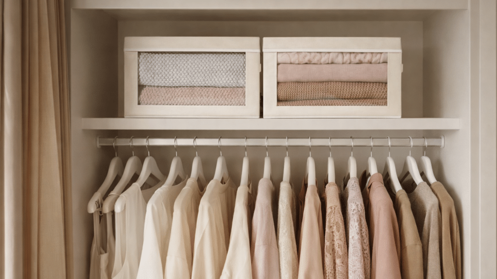 Rental friendly closet with neutral clothing on matching hangers and fabric storage bins on the top shelf, showcasing simple closet organization ideas for small spaces.