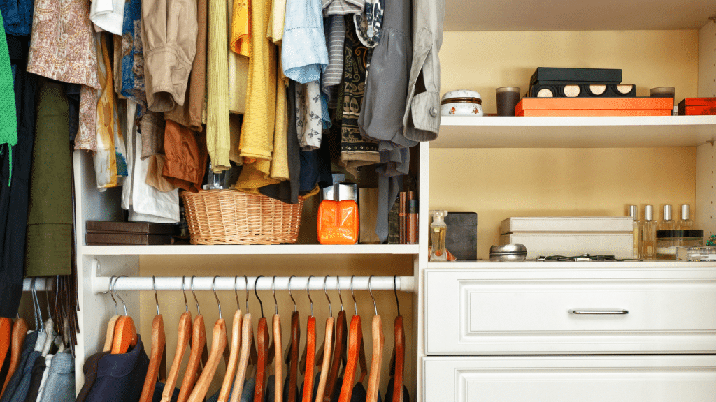 Closet with separated hanging sections for shirts and jackets, illustrating small walk-in closet ideas for zone-based organization.