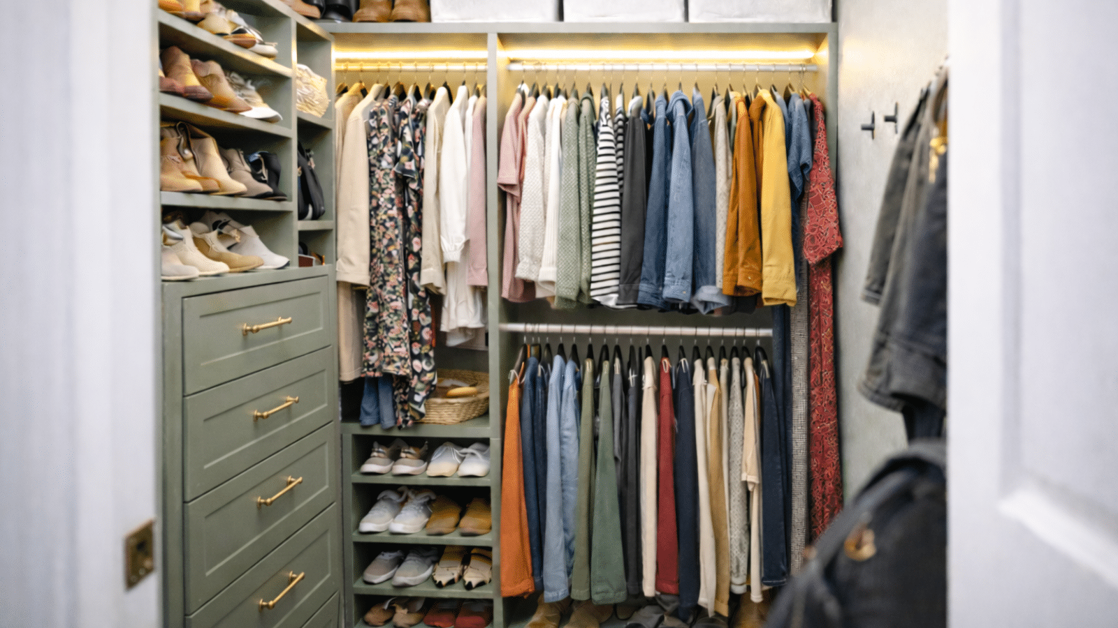Olive green small walk-in closet with double hanging rods, shelves, and drawers, highlighting space-efficient closet organization ideas.