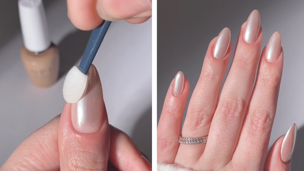 Almond nails with a sheer nude base topped with pearly “sugar cookie” chrome for a frosted glow. This subtle shimmer evokes refined old money Christmas nails styling and delivers soft, wintry Christmas nails suitable for any occasion.