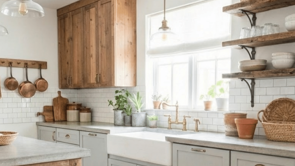 Farmhouse kitchen countertop decor featuring white subway tile backsplash, natural wood cabinets, copper pots hanging on wall, fresh herbs in galvanized metal containers, wooden cutting boards and terracotta pots on open shelving