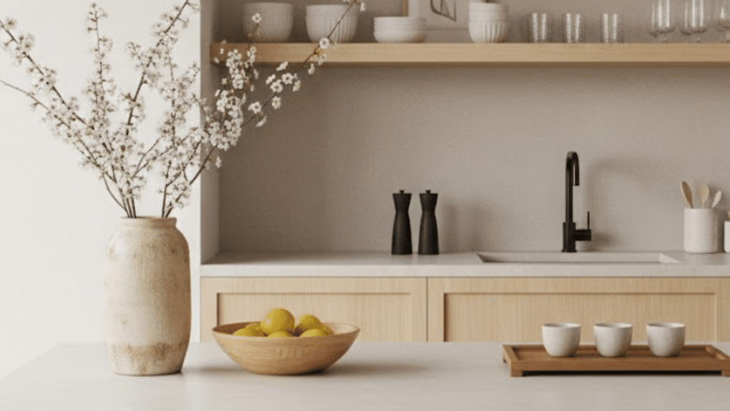 Japandi kitchen counter decor showing minimalist design with white cherry blossom branches in beige ceramic vase, wooden fruit bowl with lemons, white tea cups on bamboo tray, and matte black fixtures